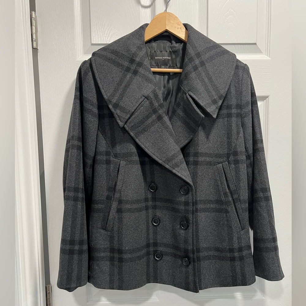 Banana Republic Charcoal Gray Glen Plaid Pea Coat PL